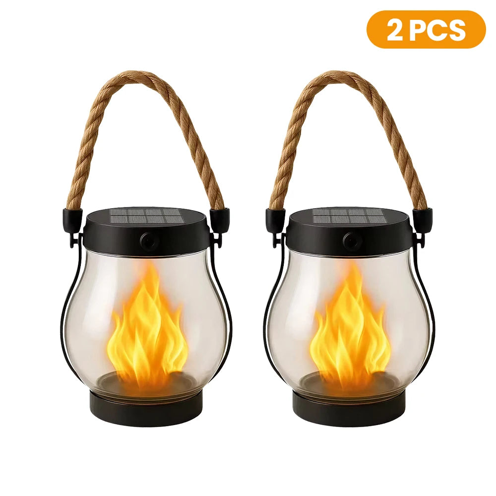 Two Solar Flickering Flame Lanterns with rope handles