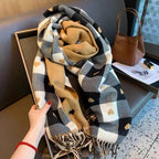 Heart Plaid Blanket Scarf showing its reversible khaki side