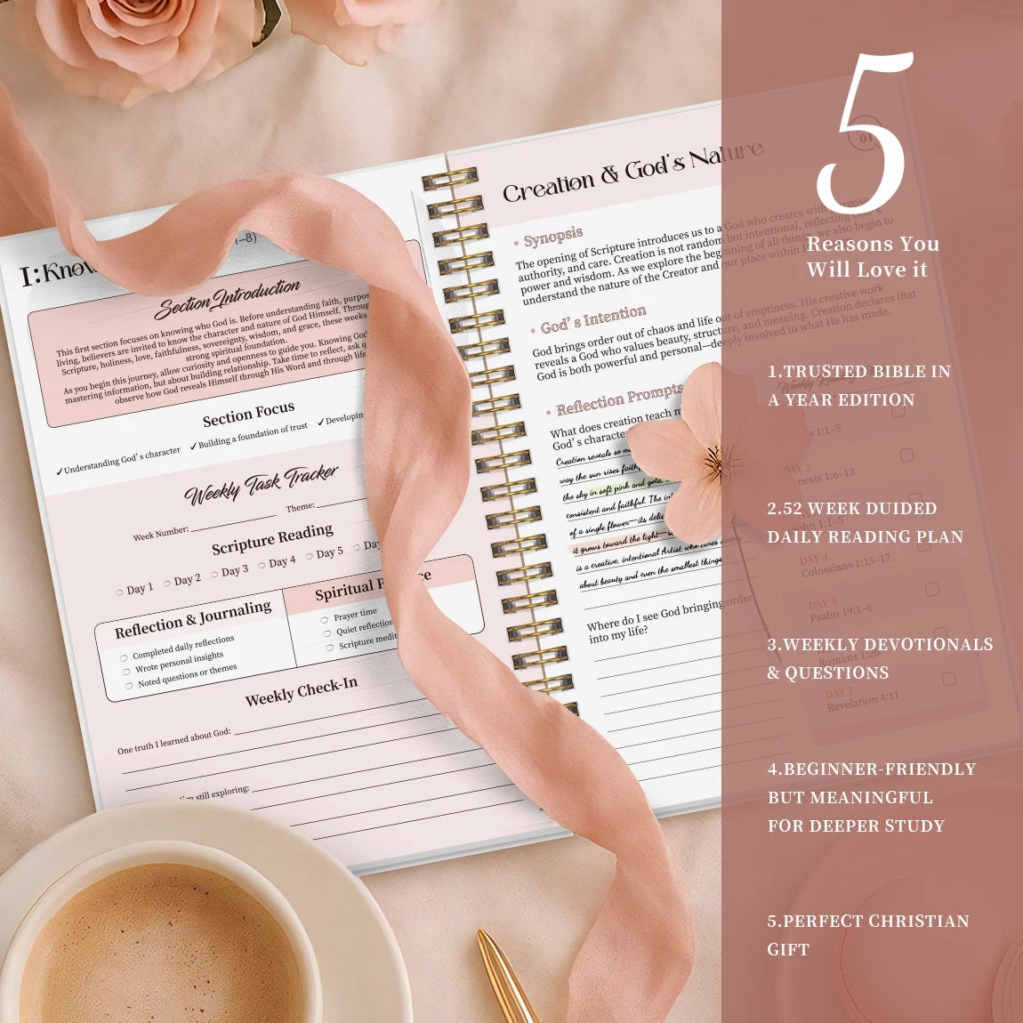 52 Week Bible Study Journal open on a table beside a cup of coffee