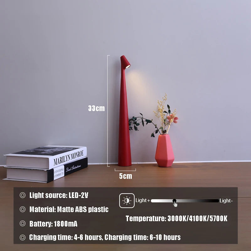 Red Glow Tube Cordless Lamp with size and specification details, about 33 cm tall