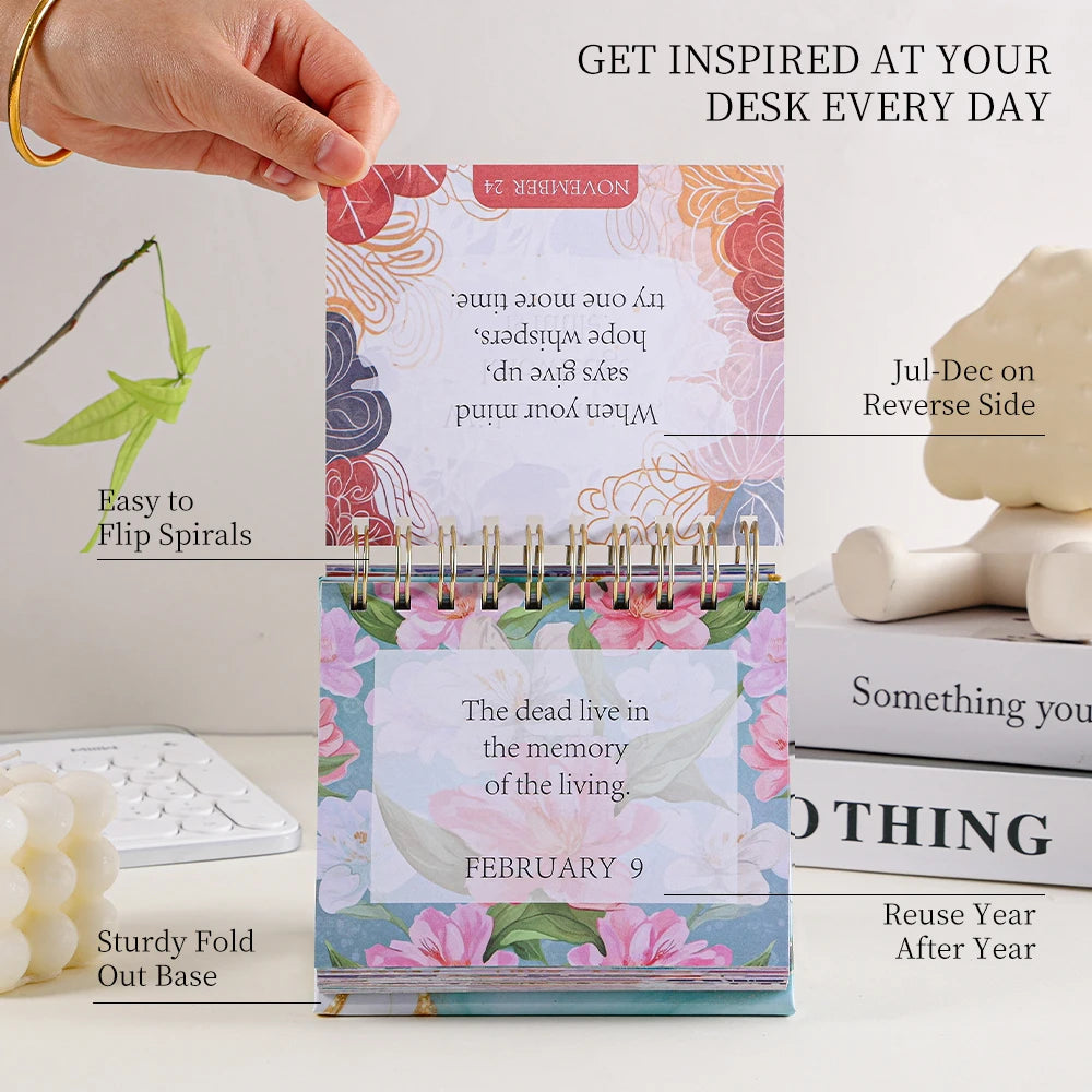 365 Day Affirmation Flip Calendar features: flip a new page each day and stand it on your desk