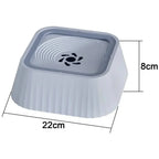No-Spill Floating Dog Water Bowl in Gray with size details, 22 x 22 x 8 cm