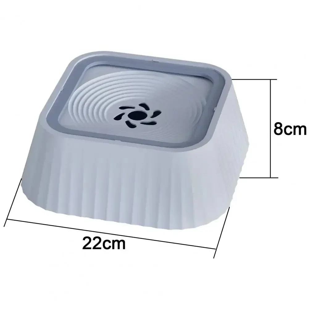 No-Spill Floating Dog Water Bowl in Gray with size details, 22 x 22 x 8 cm