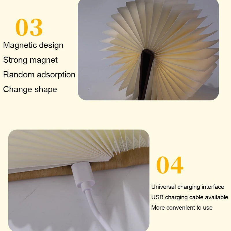 Storybook Folding Book Lamp details: magnetic covers and USB charging