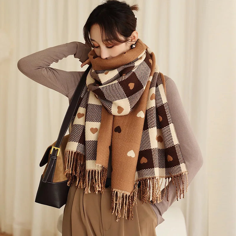 Heart Plaid Blanket Scarf in Khaki