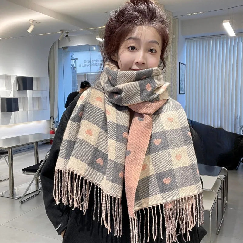 Heart Plaid Blanket Scarf in Pink