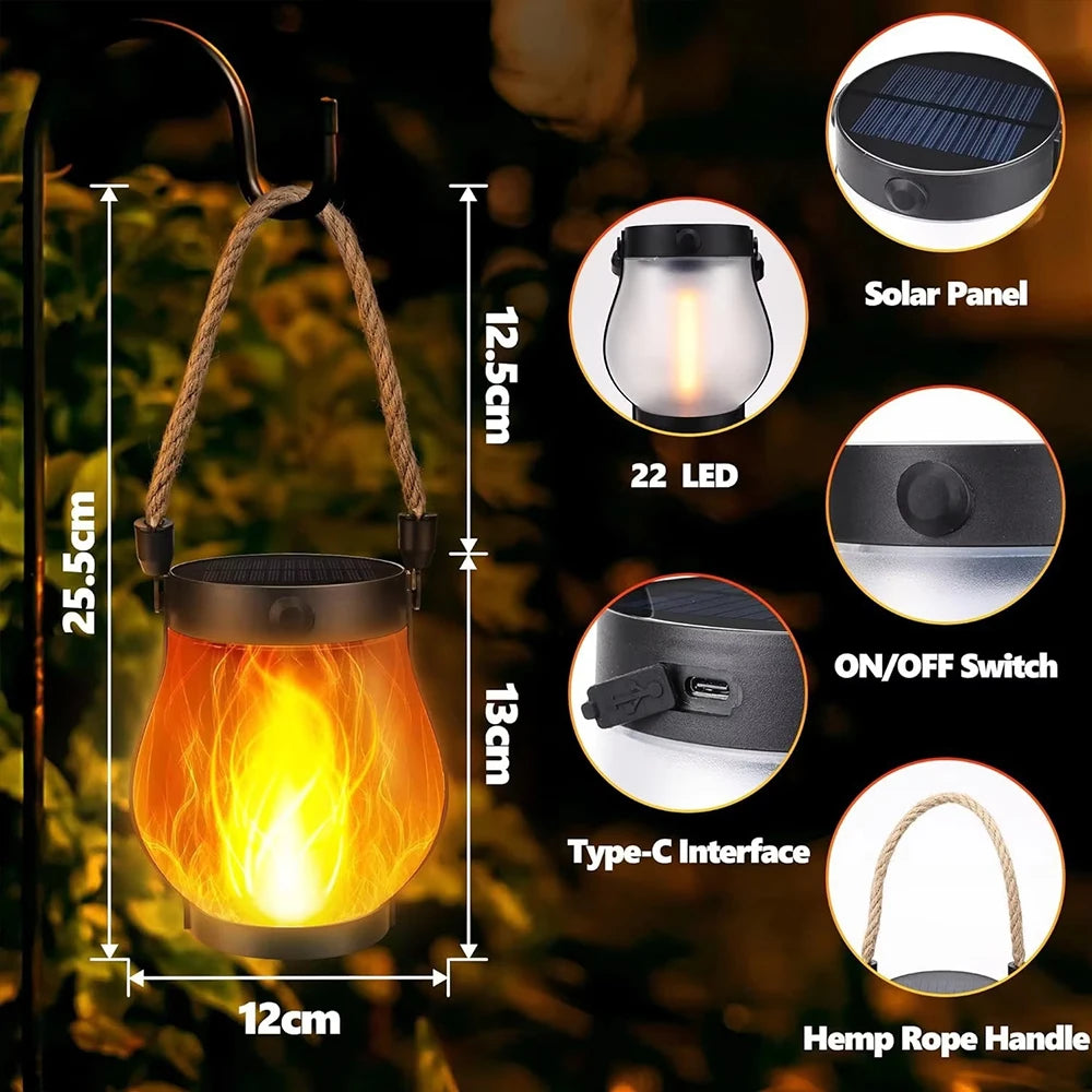 Solar Flickering Flame Lantern with dimensions and parts: solar panel, LED flame, USB-C port and rope handle