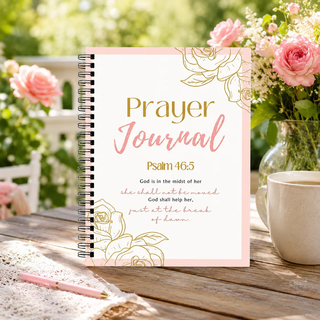 Guided Prayer Journal on a table with pink roses