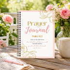 Guided Prayer Journal on a table with pink roses