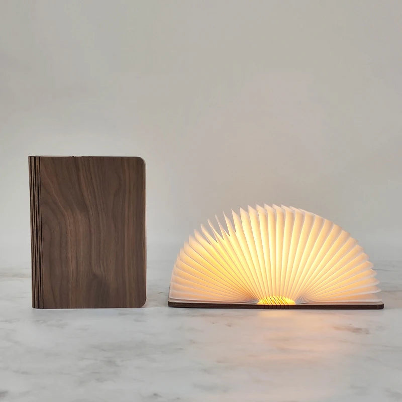 Storybook Folding Book Lamp in walnut grain, partly opened