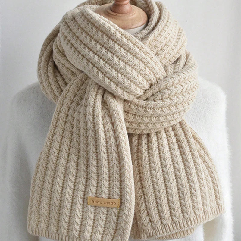 Woman wearing the beige Chunky Knit Scarf