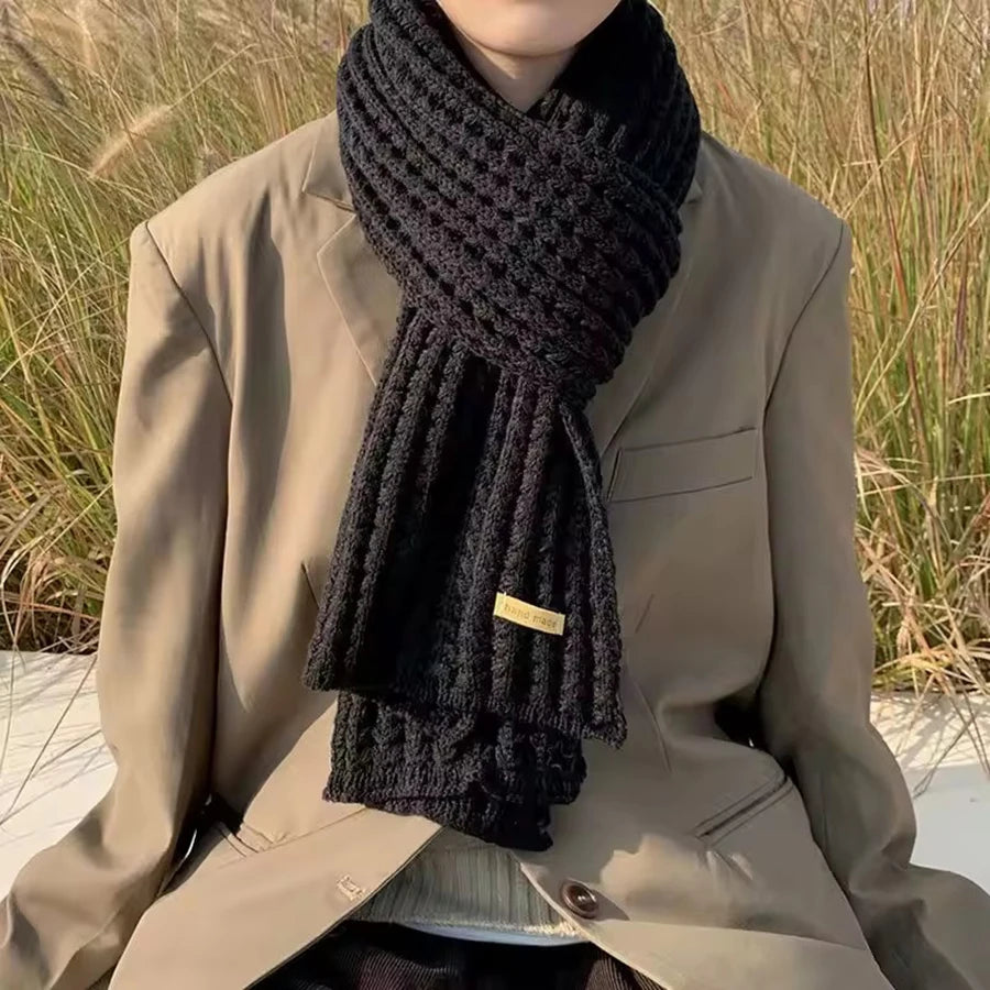 Black Chunky Knit Scarf worn with a camel coat