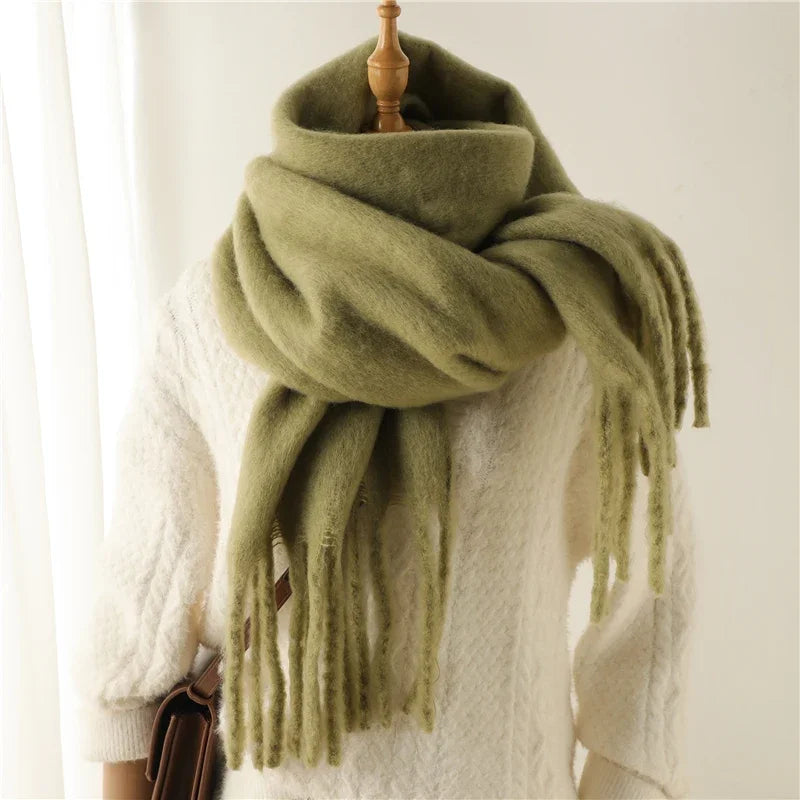 Tassel Pashmina Blanket Wrap in Olive Green
