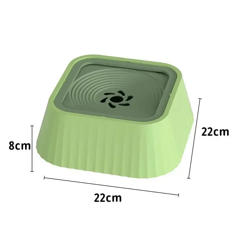No-Spill Floating Dog Water Bowl in Green with size details, 22 x 22 x 8 cm