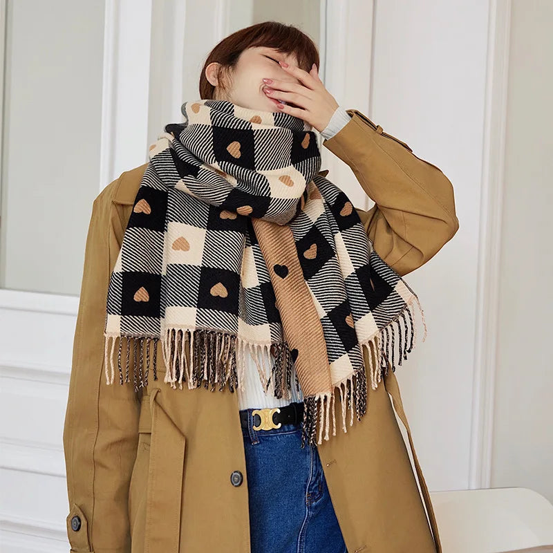 Woman wrapped in the Heart Plaid Blanket Scarf