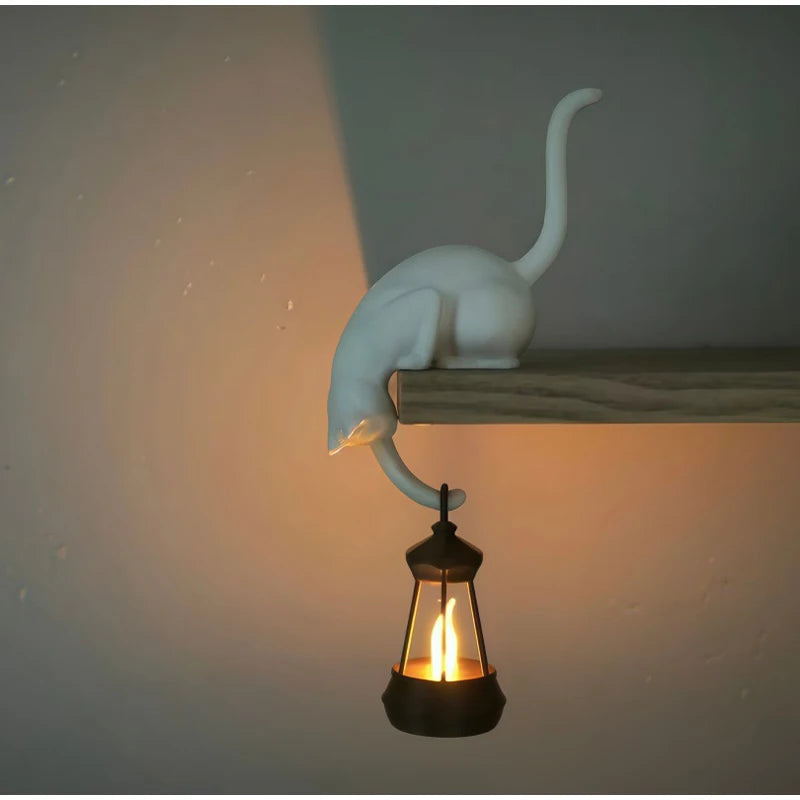 White Gothic Cat Shelf Hook Figurine with lantern