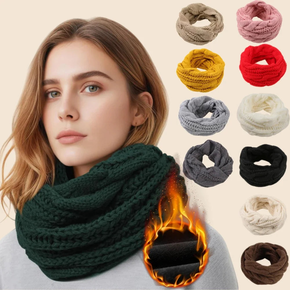 Woman wearing a dark green Cable Knit Loop Scarf, with its color range and soft fleece lining
