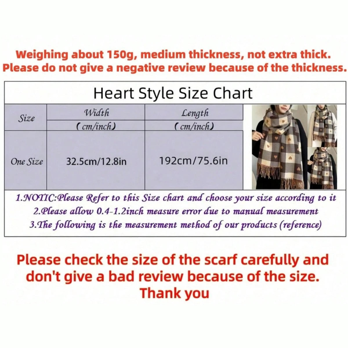 Heart Plaid Blanket Scarf size chart