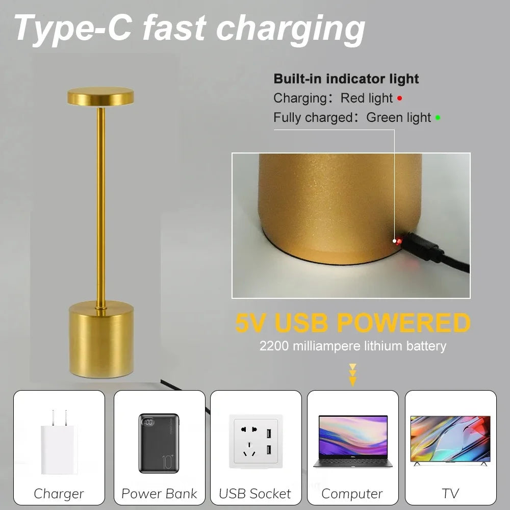 Touch Glow Cordless Desk Lamp USB-C charging port and charging indicator
