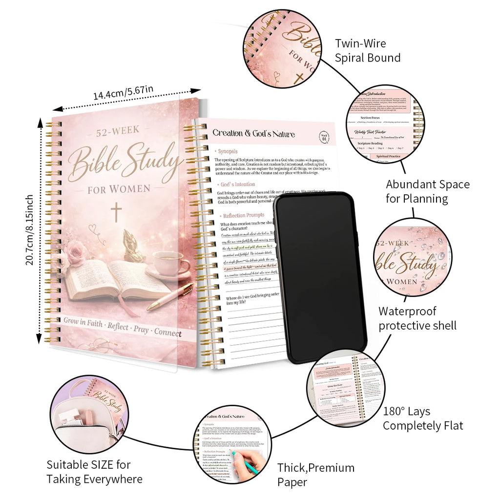52 Week Bible Study Journal features, including spiral binding and a protective cover