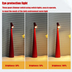 Red Glow Tube Cordless Lamp shown at three touch-dimming brightness levels