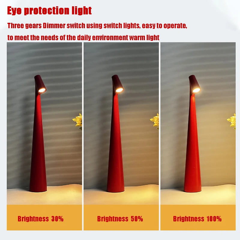 Red Glow Tube Cordless Lamp shown at three touch-dimming brightness levels