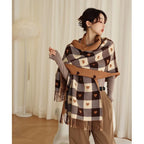 Heart Plaid Blanket Scarf worn as a shawl