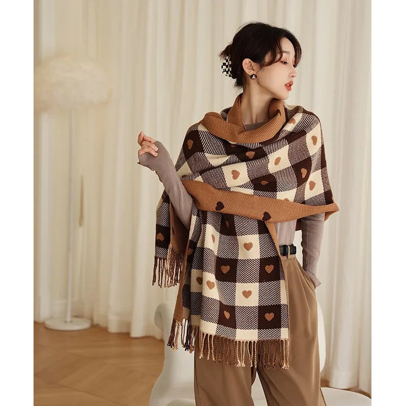 Heart Plaid Blanket Scarf worn as a shawl