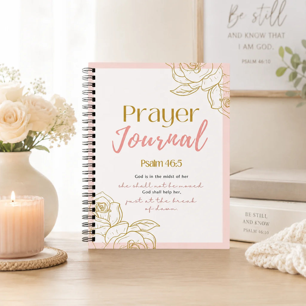 Guided Prayer Journal on a table beside a vase