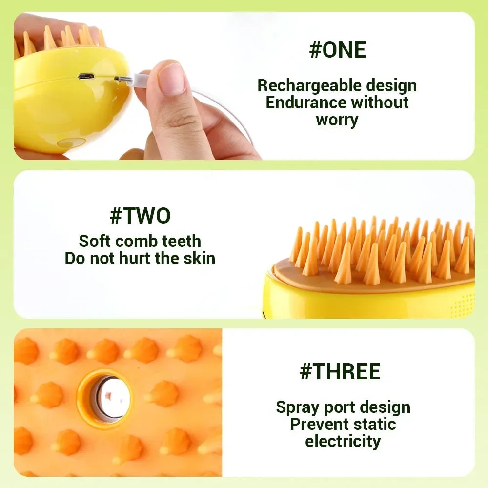 Pet Steam Grooming Brush features: rechargeable, soft silicone teeth and spray port