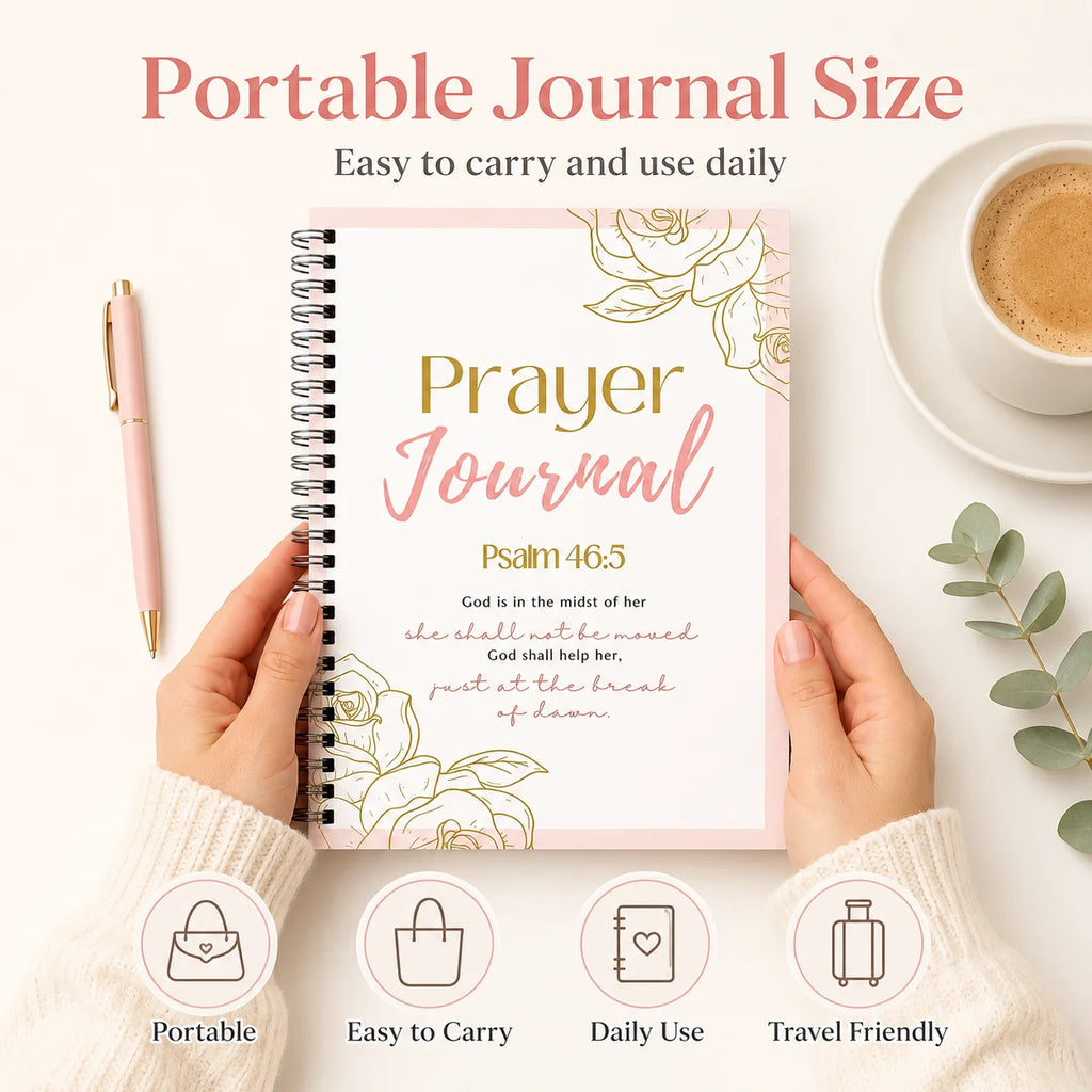 Hands holding the portable A5 Guided Prayer Journal