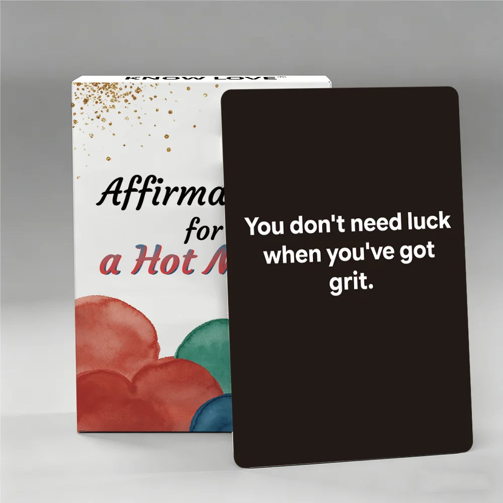 Mindfulness Self Care Affirmation Cards box with a sample card reading You don't need luck when you've got grit