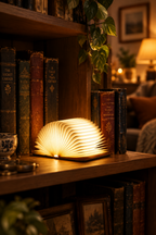 Storybook Folding Book Lamp opened to glow warmly in a cozy room
