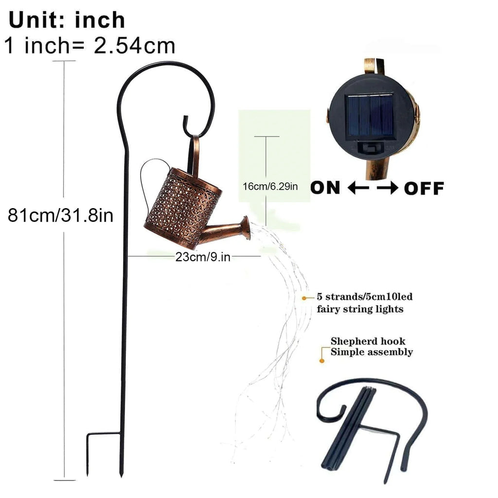 Solar Watering Can Garden Lantern with size details and on/off switch, shown on a garden stake