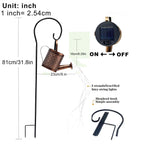 Solar Watering Can Garden Lantern with size details and on/off switch, shown on a garden stake