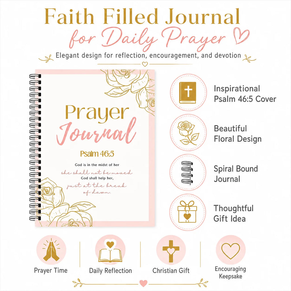 Guided Prayer Journal features: Psalm 46:5 cover, floral design, spiral binding