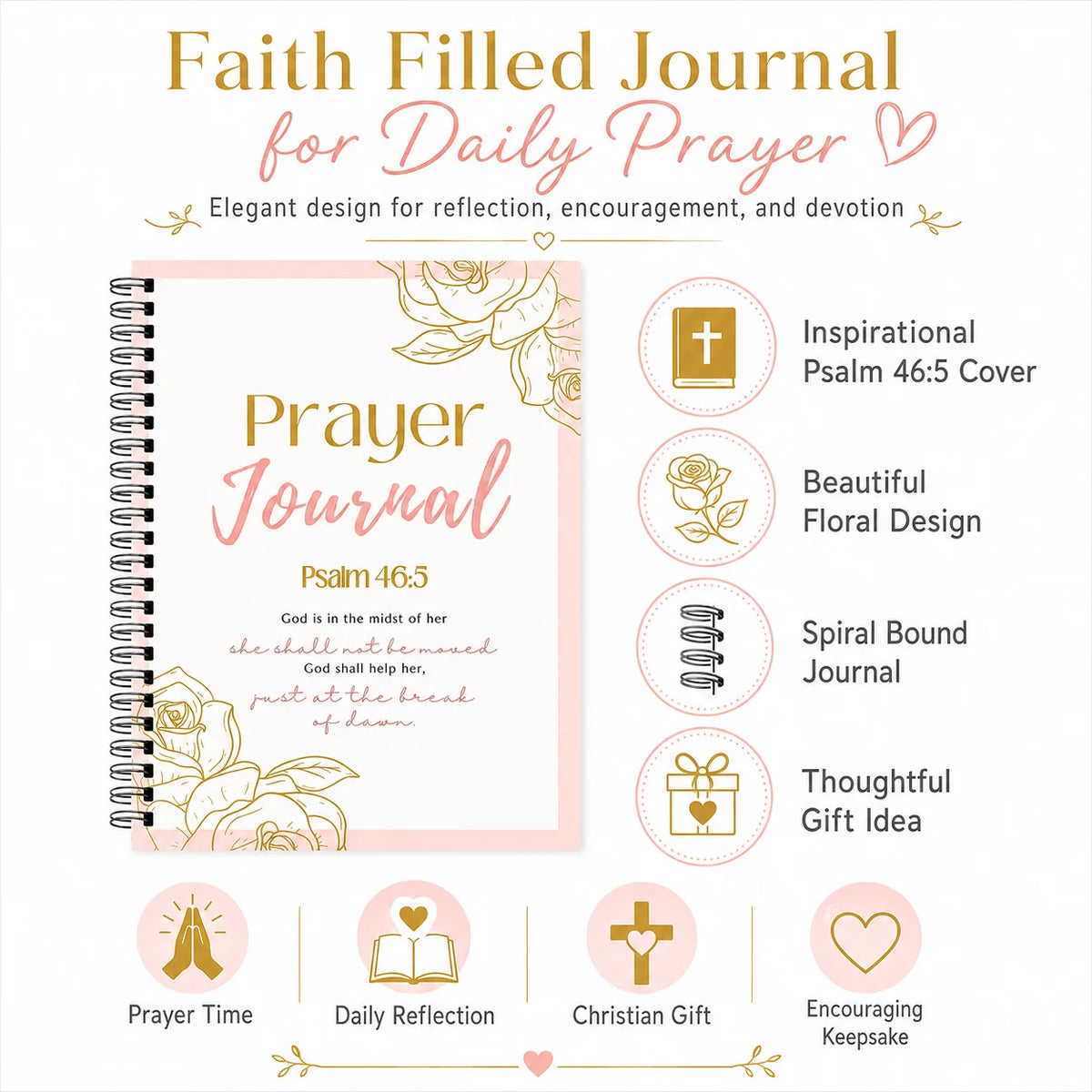 Guided Prayer Journal features: Psalm 46:5 cover, floral design, spiral binding