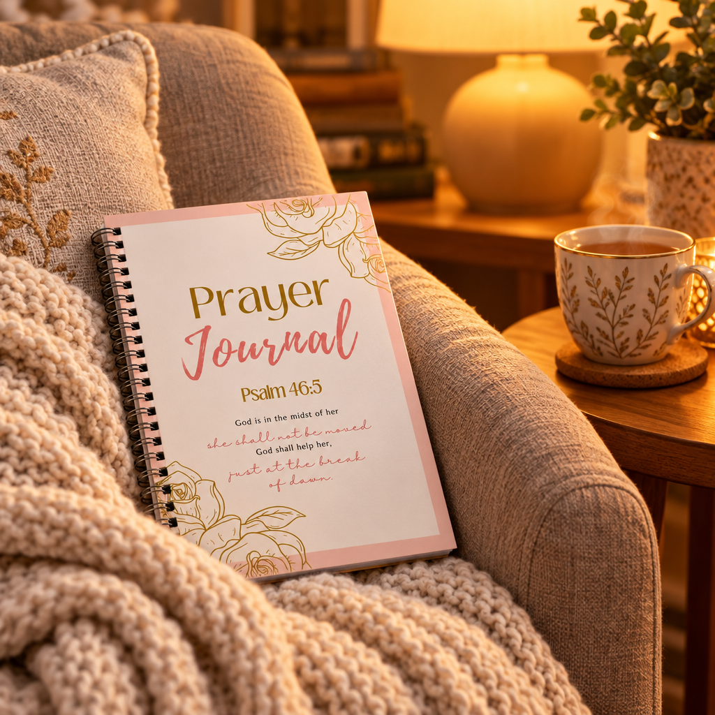 Guided Prayer Journal resting on a cozy armchair beside a cup of tea
