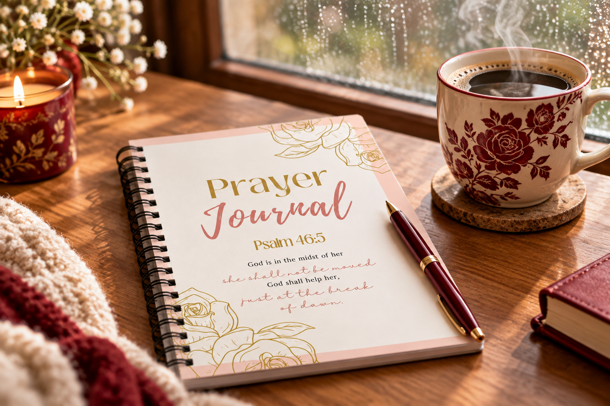 Guided Prayer Journal on a wooden table beside a cup of coffee