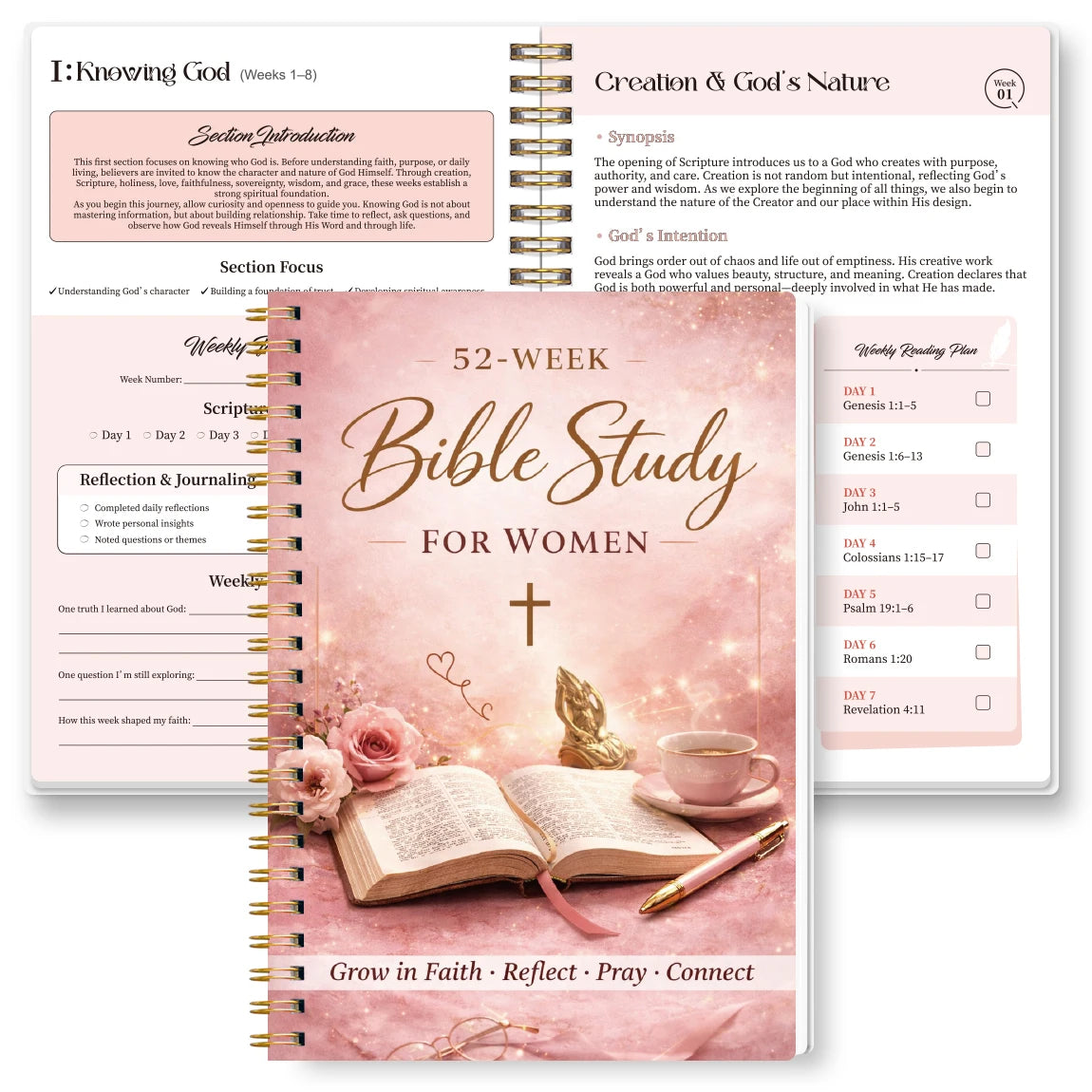52 Week Bible Study Journal in Pink with inside pages