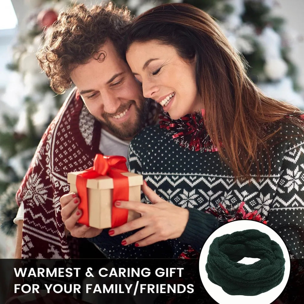 Couple exchanging a holiday gift, with the Cable Knit Loop Scarf shown as a gift idea