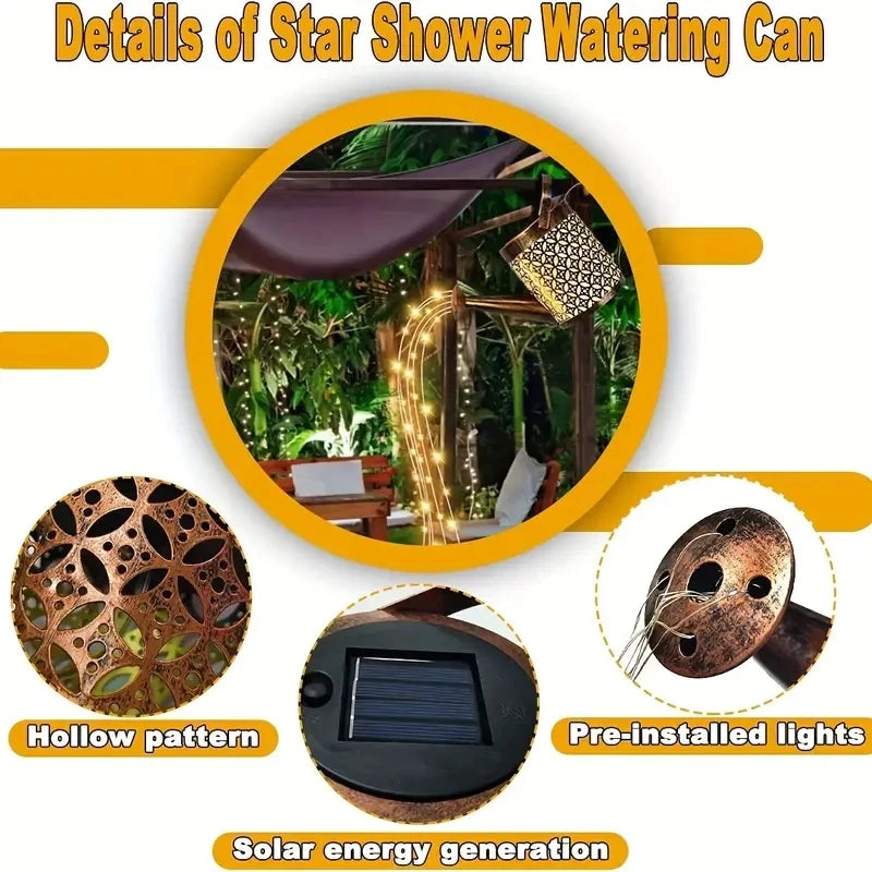 Solar Watering Can Garden Lantern details: hollow pattern, solar panel and pre-installed lights