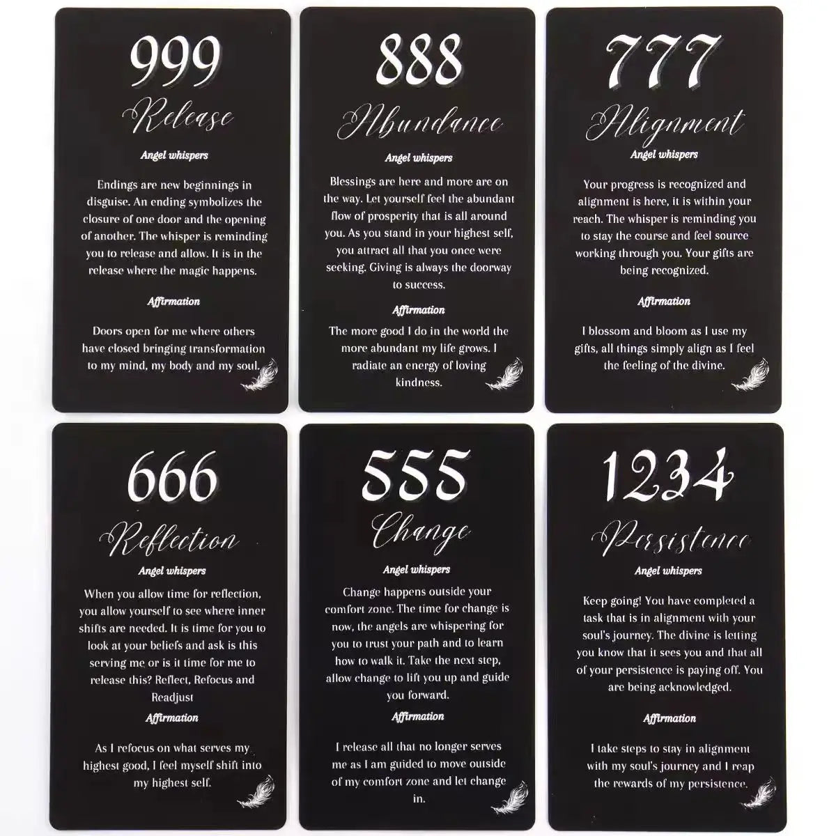 Grid of Angel Number Affirmation Cards showing numbers 888, 777, 666, 555 and 1234
