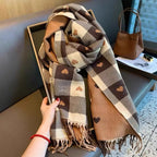 Heart Plaid Blanket Scarf in black and cream plaid with small hearts and fringe