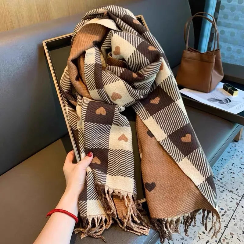 Heart Plaid Blanket Scarf in black and cream plaid with small hearts and fringe