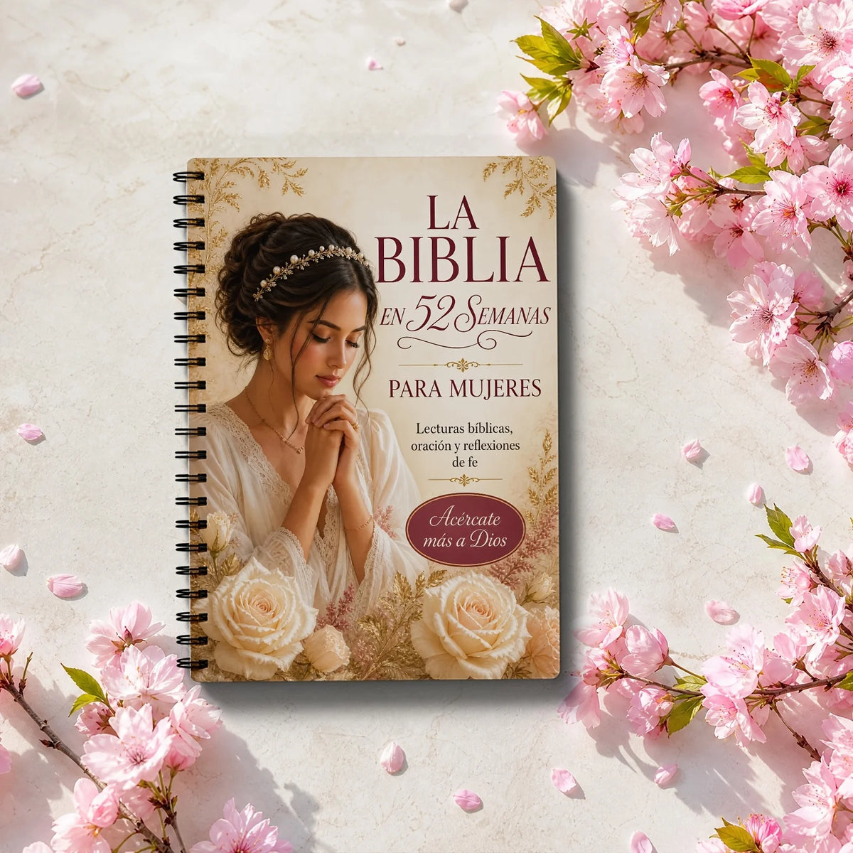52 Week Devotional Journal (Spanish Edition) with a floral cover, surrounded by pink blossoms