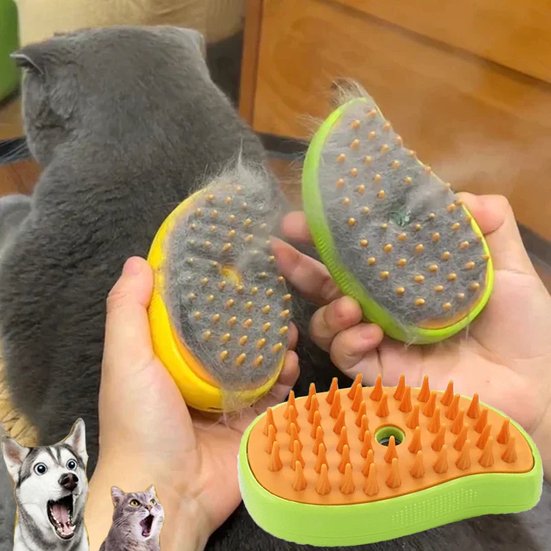 Hands holding the Pet Steam Grooming Brush full of loose cat hair
