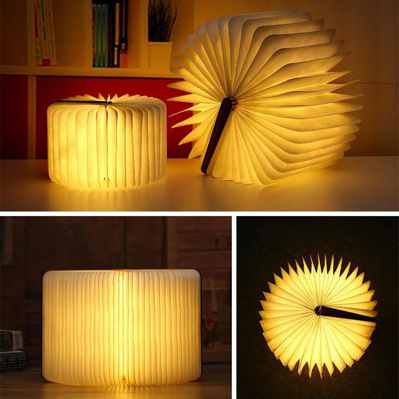 Storybook Folding Book Lamp opened at different angles, from half open to a full circle