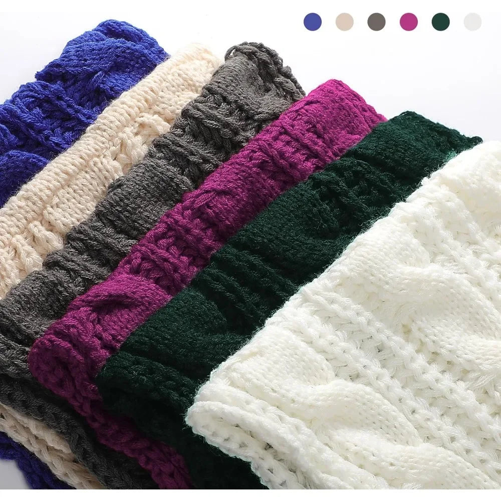 Close-up of Cable Knit Loop Scarves in several colors