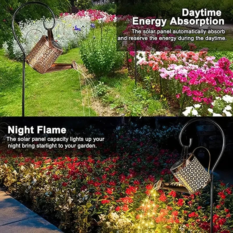 Solar Watering Can Garden Lantern charging in daytime sun and glowing at night